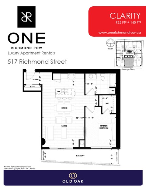 Floor plan for 1 bed, 1 bath, 925 sqft